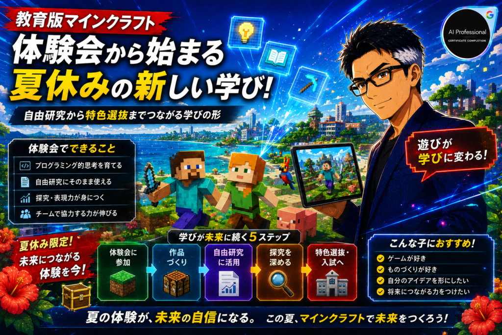教育版マインクラフト体験会を沖縄で開催中。夏休みの自由研究や探究学習にもおすすめ